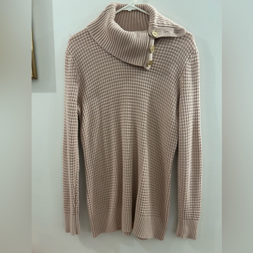 Calvin Klein Women’s Pink Cowl Neck Knit Long Sweater Gold Buttons Size M - Picture 1 of 7